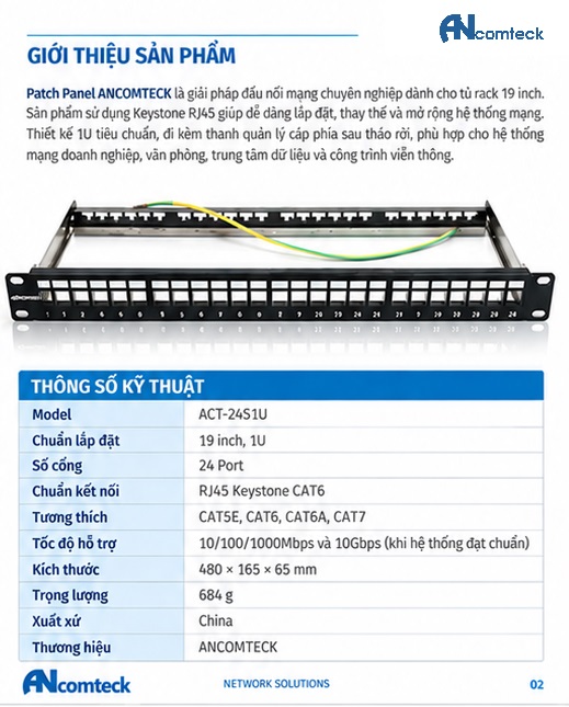 Thanh đấu nối patch panel 24 cổng Ancomteck mã ACT-24S1U